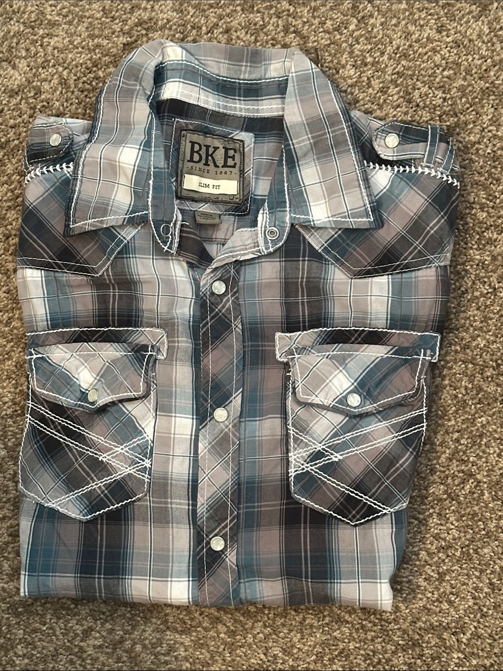 BKE Men's Teal, Gray & White Plaid Snap-Front Slim Fit Shirt